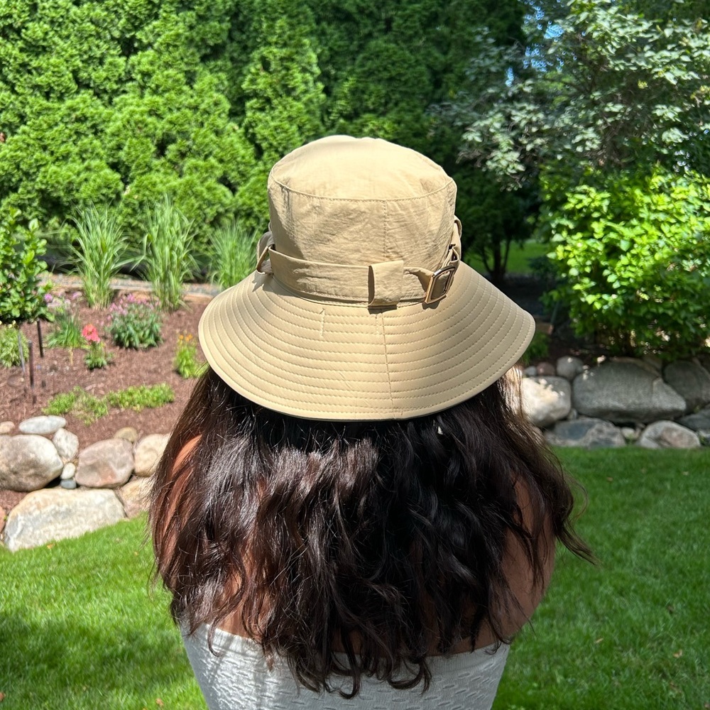 BCBG Tan Bucket Hat with Buckle Detail